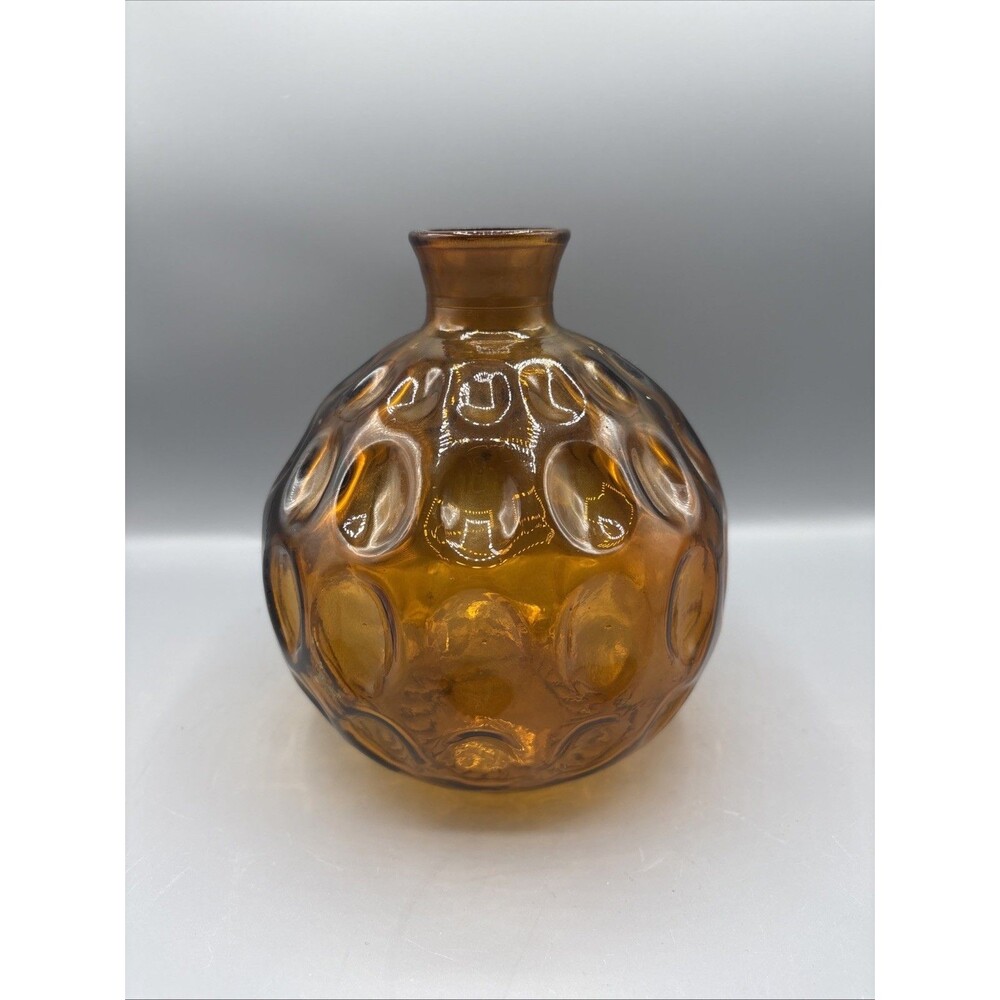 Amber Thumbprint Pressed Glass Round Vase Bohemian 70's Vtg Vidrios San Miguel